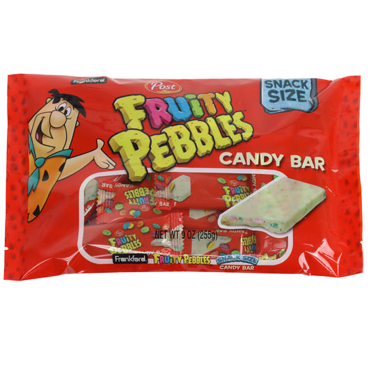 Red Fruity Pebbles Candy Bar bag with individually wrapped snack size Fruity Pebbles cereal candy bars