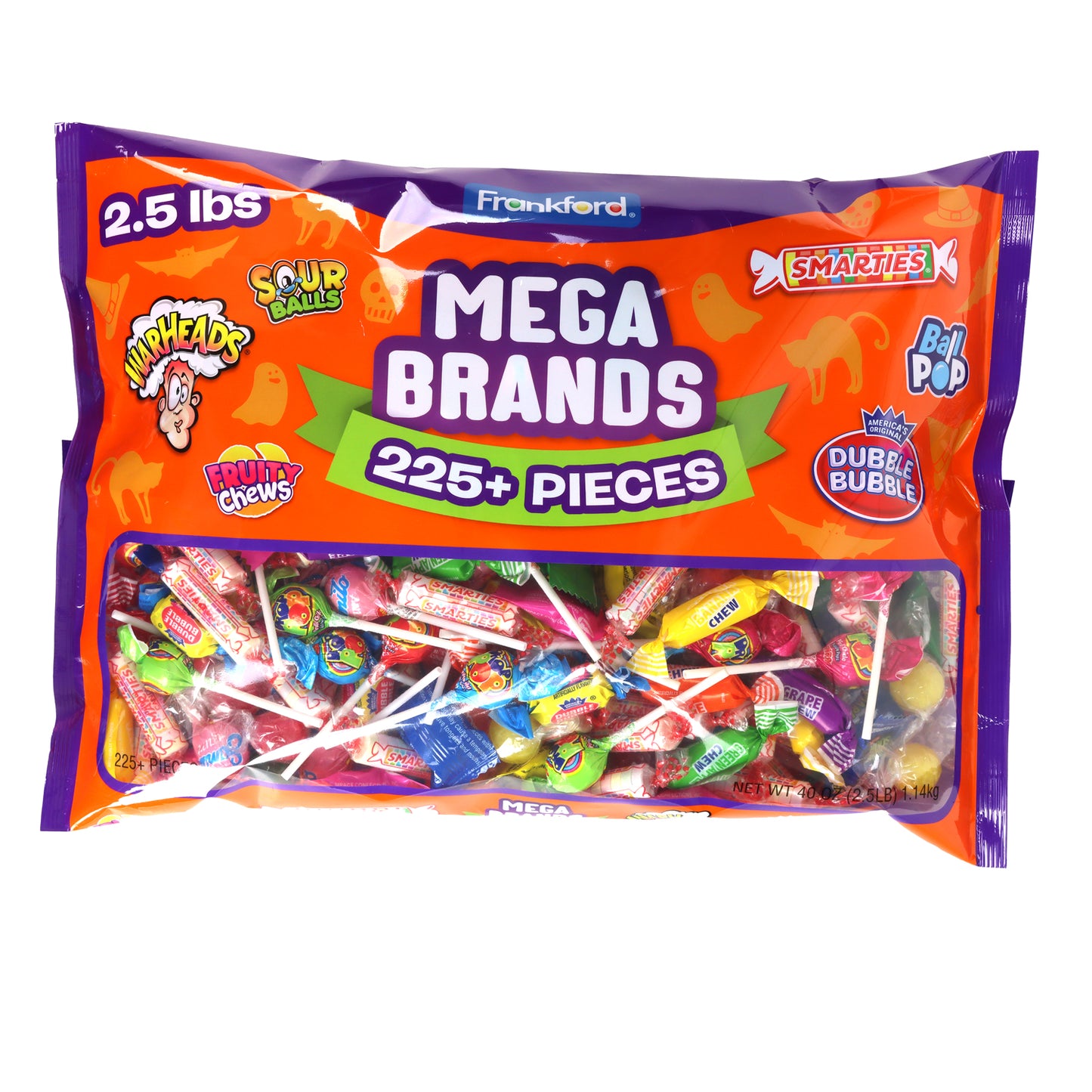 orange bag with over 225 pieces of individually wrapped candies and gum
