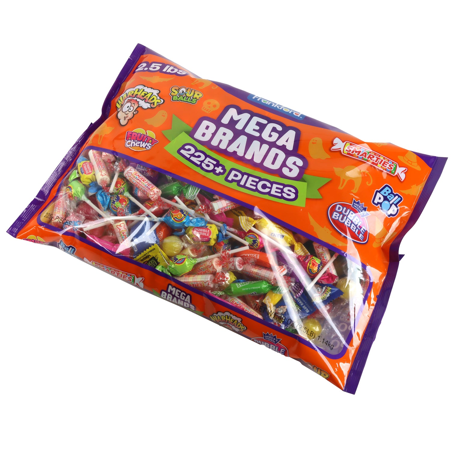 angle of orange bag with individually wrapped candies and gum