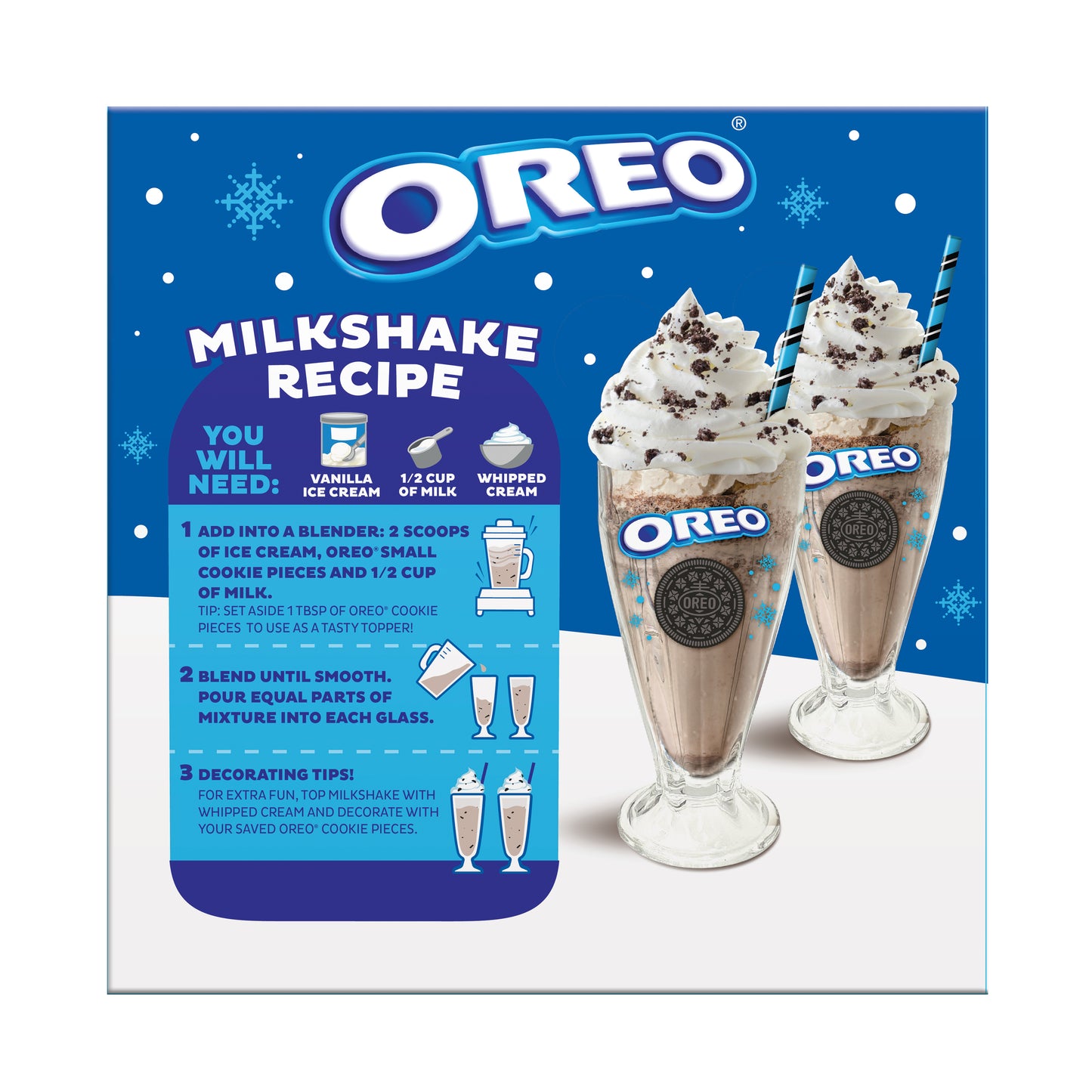 OREO milkshake recipe card with two milkshakes on a white background