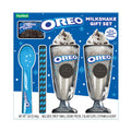 OREO Milkshake Gift Set packaging with two glass cups, a spoon, and straws on a blue background.