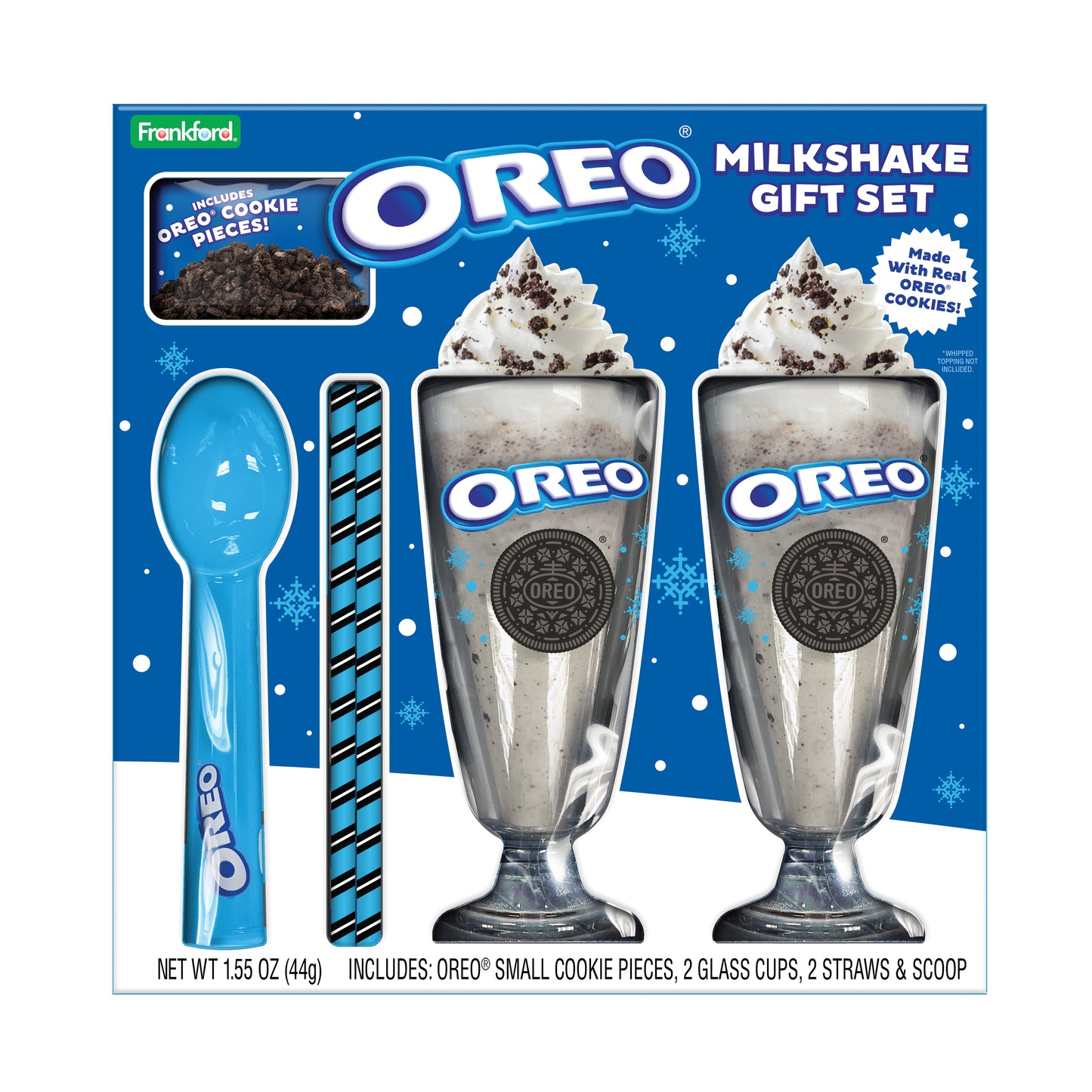OREO Milkshake Gift Set packaging with two glass cups, a spoon, and straws on a blue background.