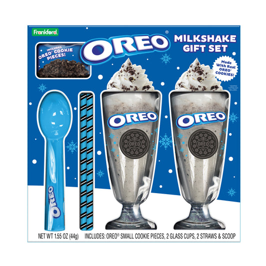 OREO Milkshake Gift Set packaging with two glass cups, a spoon, and straws on a blue background.