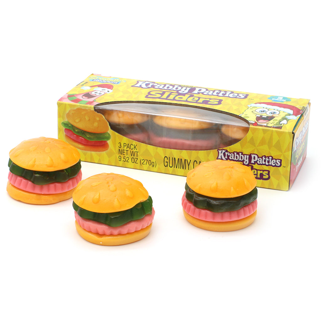 3-pack box of large krabby patties sliders gummies with three large krabby patties sliders gummies in the foreground