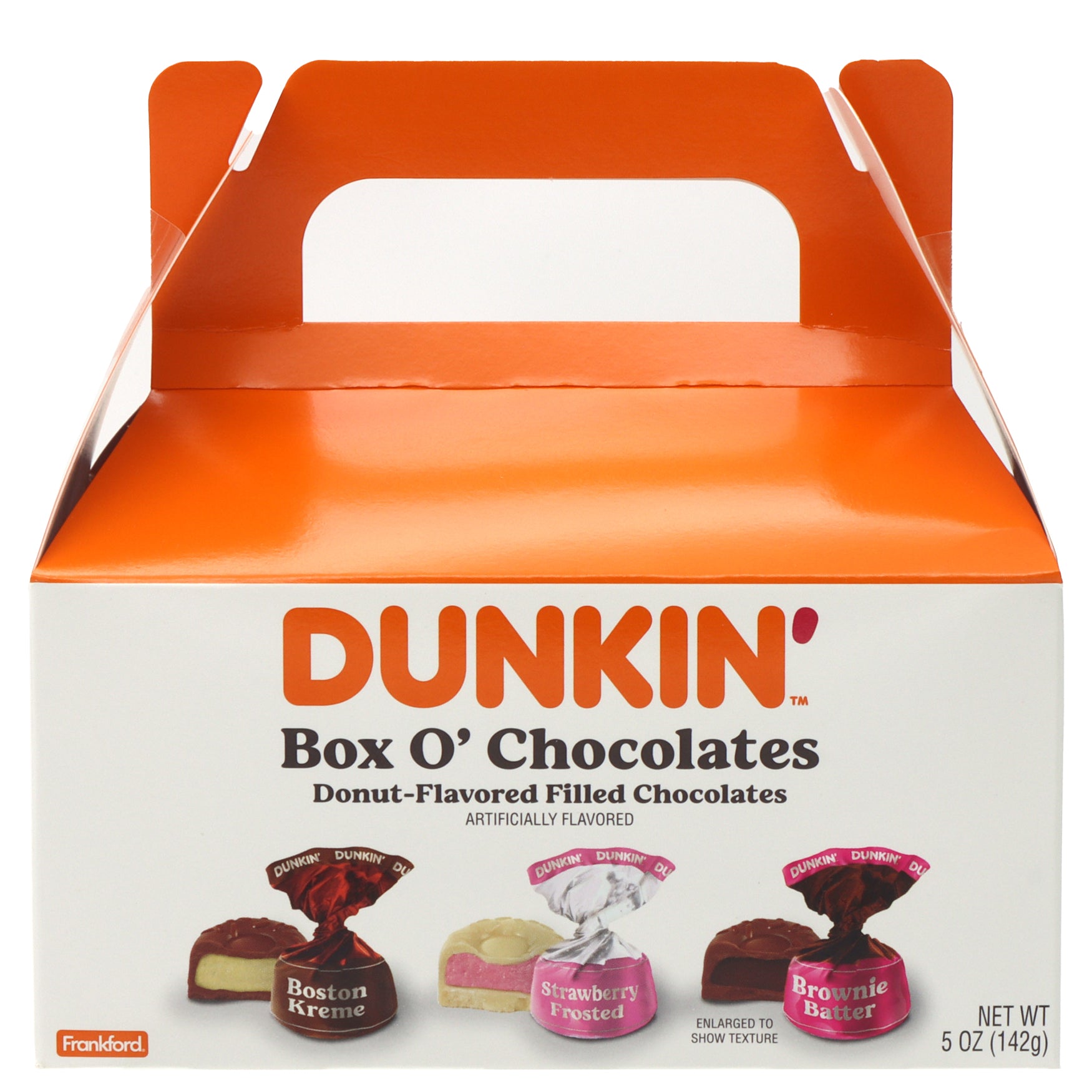 dunkin box o chocolates in a classic Dunkin munchkin style box