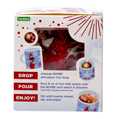side of elf on the shelf kids hot chocolate bomb box with directions