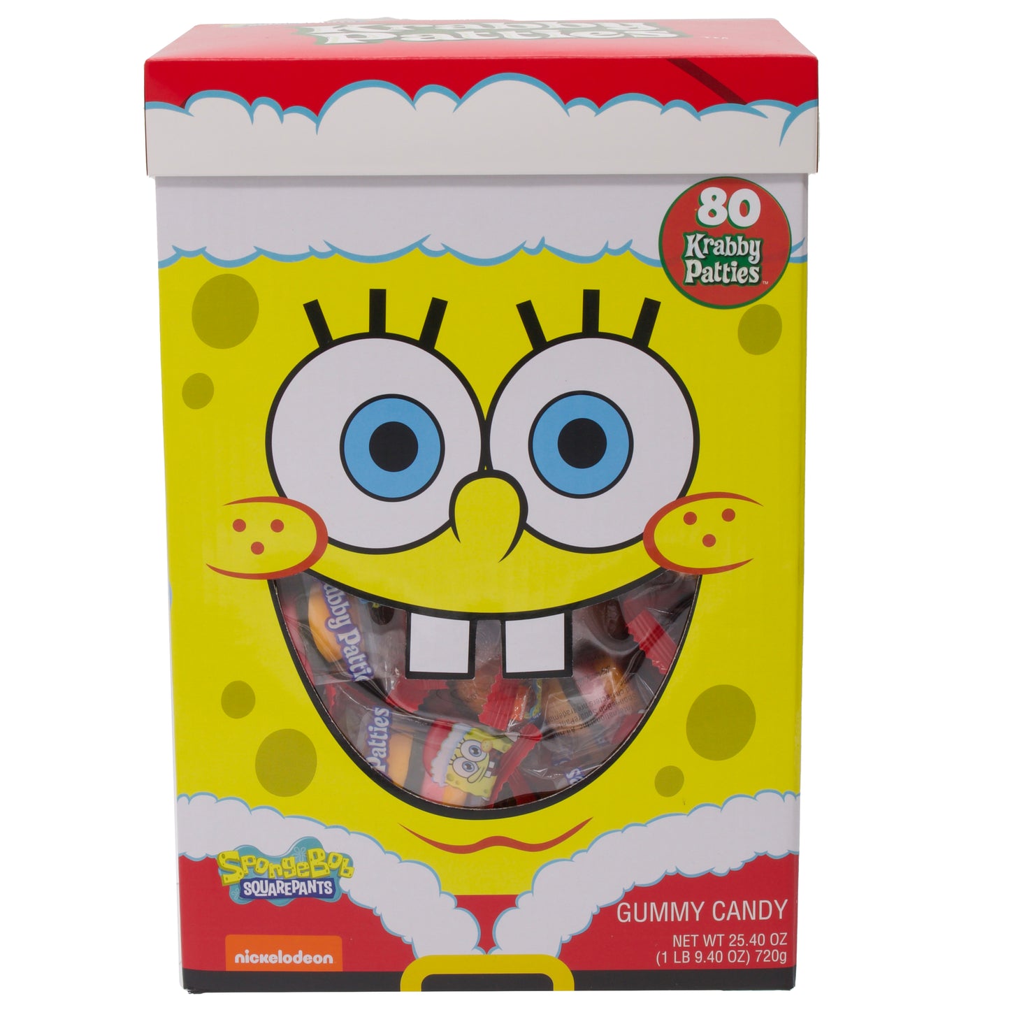 front of box with spongebob in santa hat and jacket with 80 individually wrapped krabby patty gummies