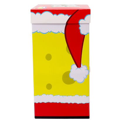 side of box highlighting spongebob's santa hat and jacket