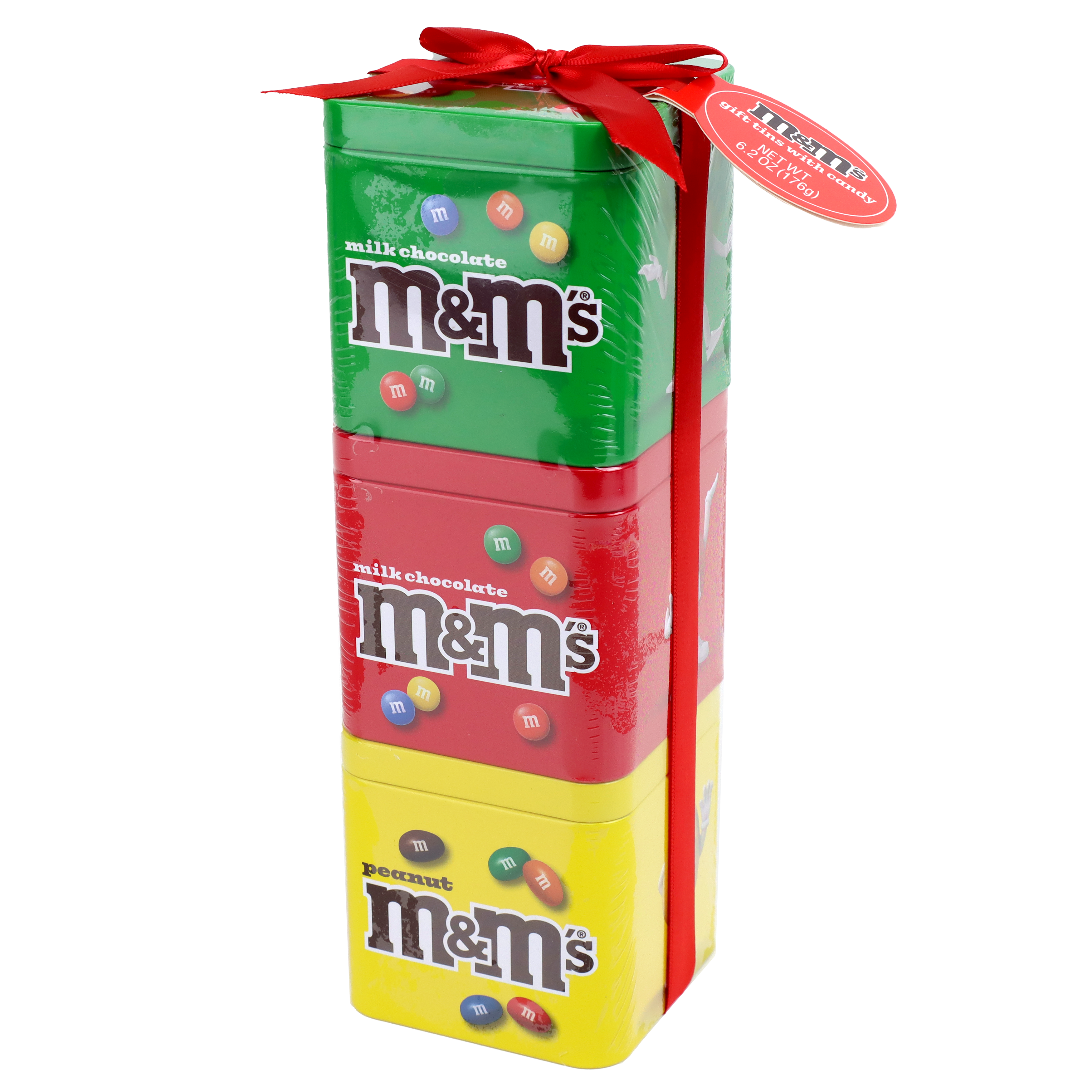 Angled tin set with ribbon wrapped around it with a gift tag on top.