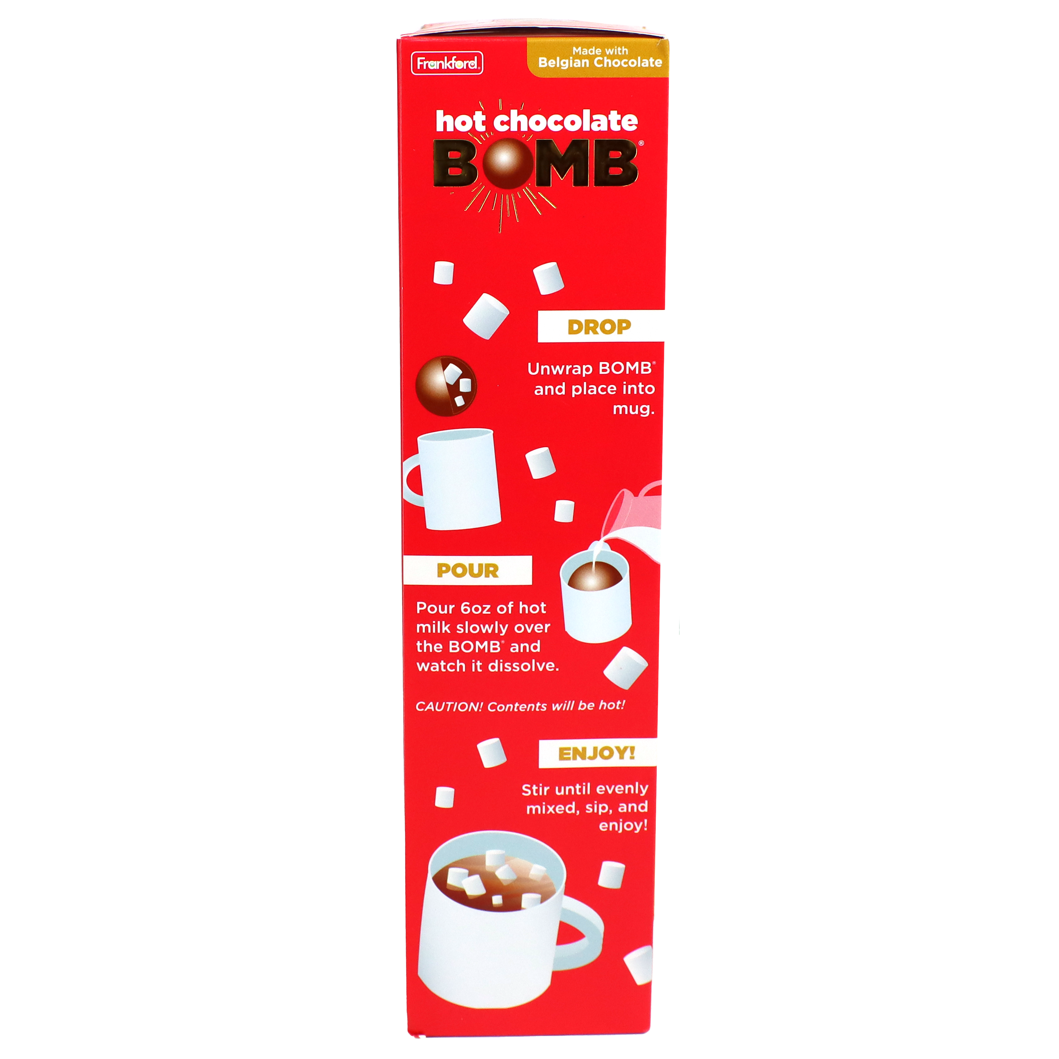 Side of packaging which explains how to use the hot cocoa bombs 