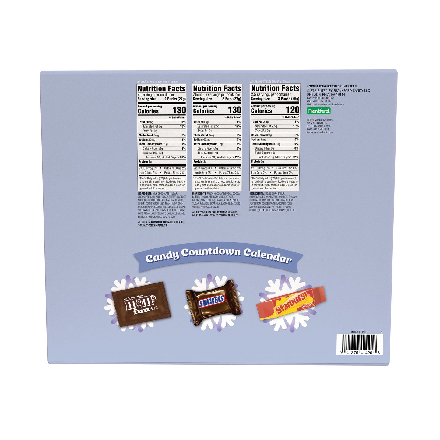 Back of a candy countdown calendar with nutrition facts and candy images.