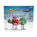 Candy advent calendar with M&M's, Starburst, and Snickers characters on a snowy background.