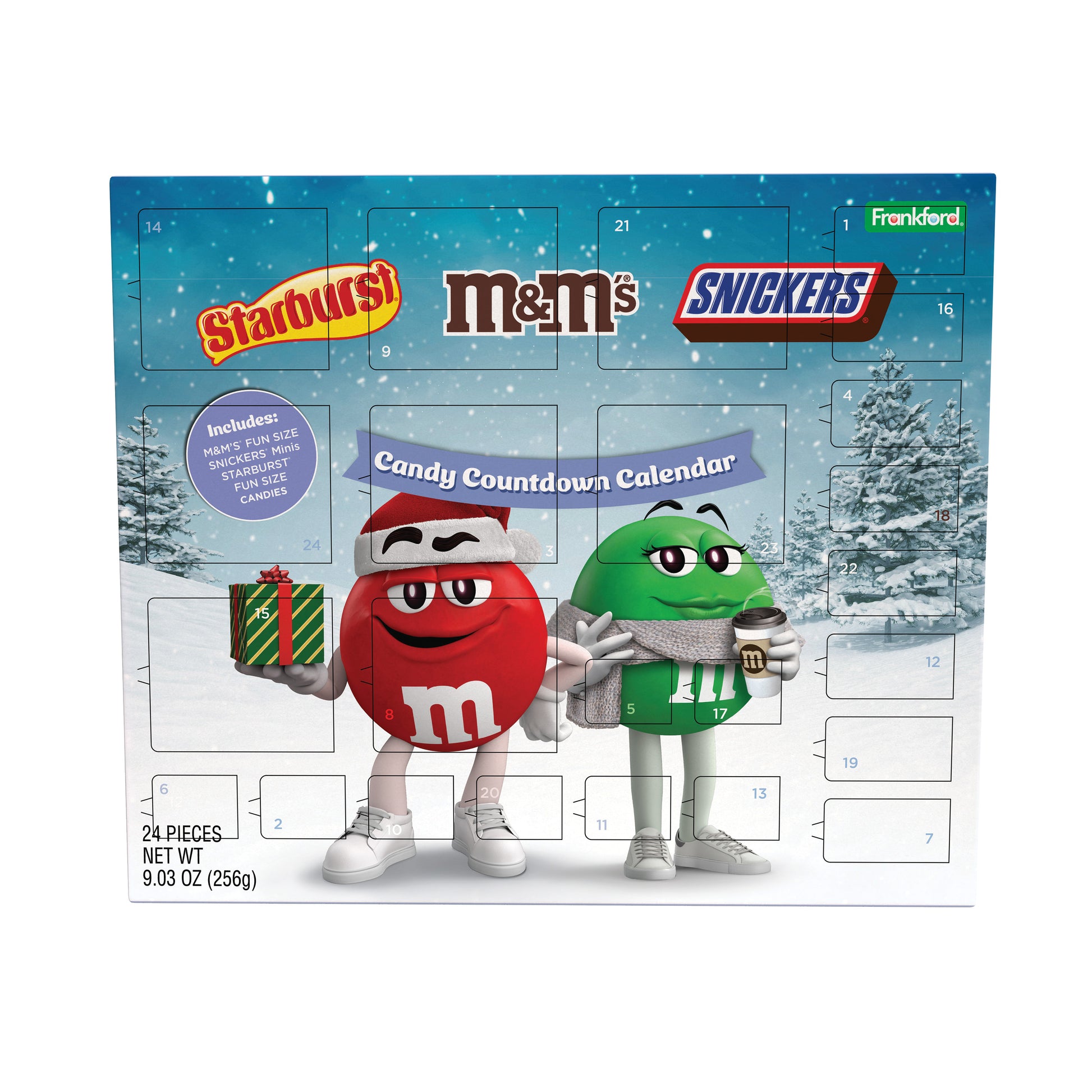 Candy advent calendar with M&M's, Starburst, and Snickers characters on a snowy background.