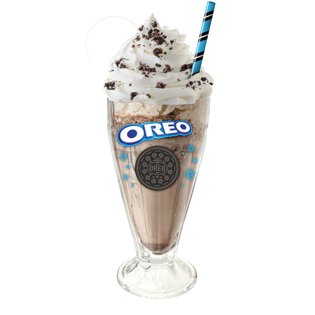 OREO milkshake with whipped cream and a straw on a white background