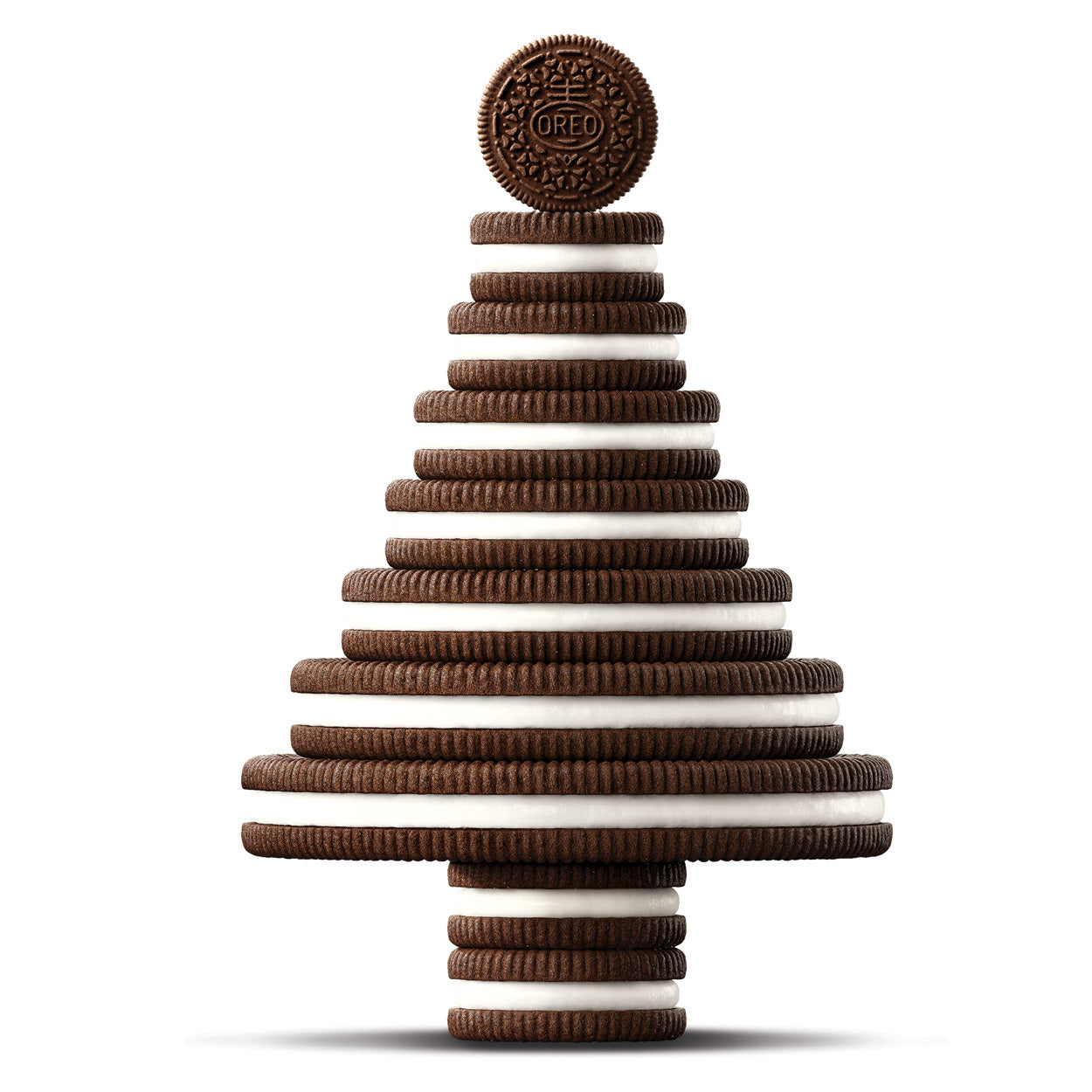 Stack of Oreo cookies arranged in a pyramid shape on a white background