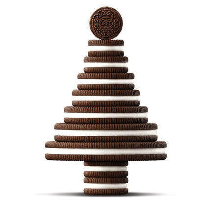Stack of Oreo cookies arranged in a pyramid shape on a white background