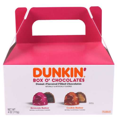 Dunkin' Box O' Chocolates packaging with two chocolate flavors on a white background