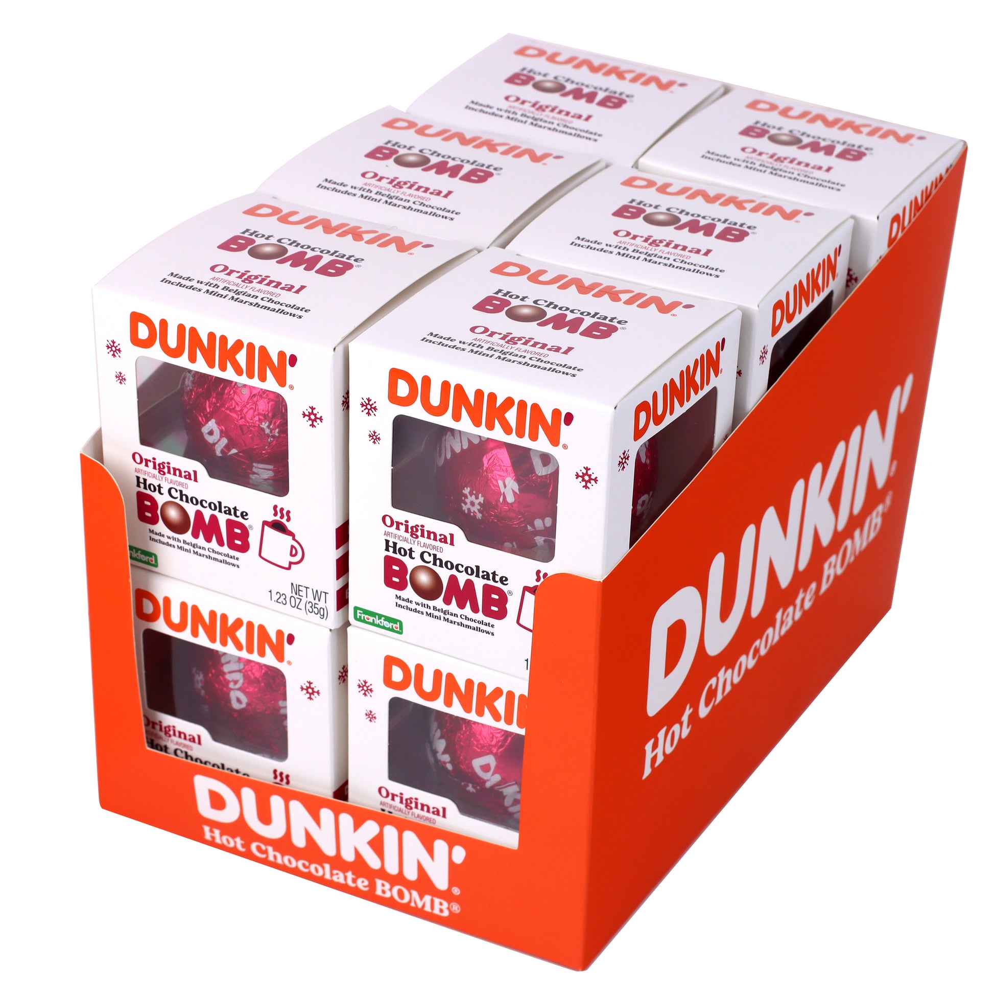 Display of Dunkin' Hot Chocolate Bombs packaging on a white background