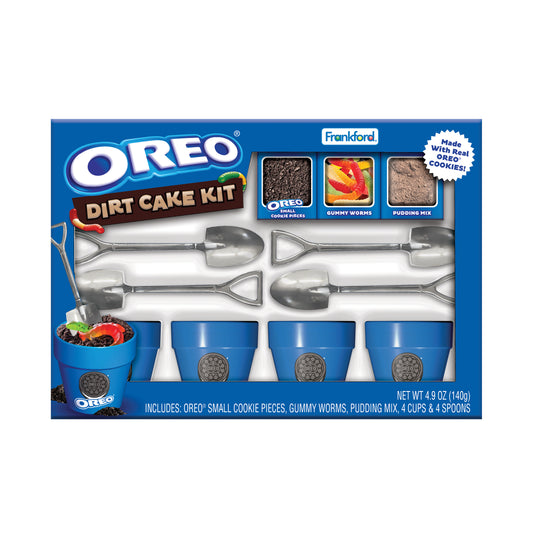 OREO Dirt Cake Kit packaging with blue cups, spoons, and cookie pieces on a white background