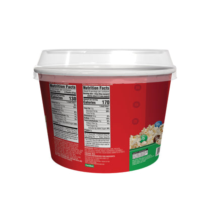 Red popcorn bucket with nutrition facts label on a white background