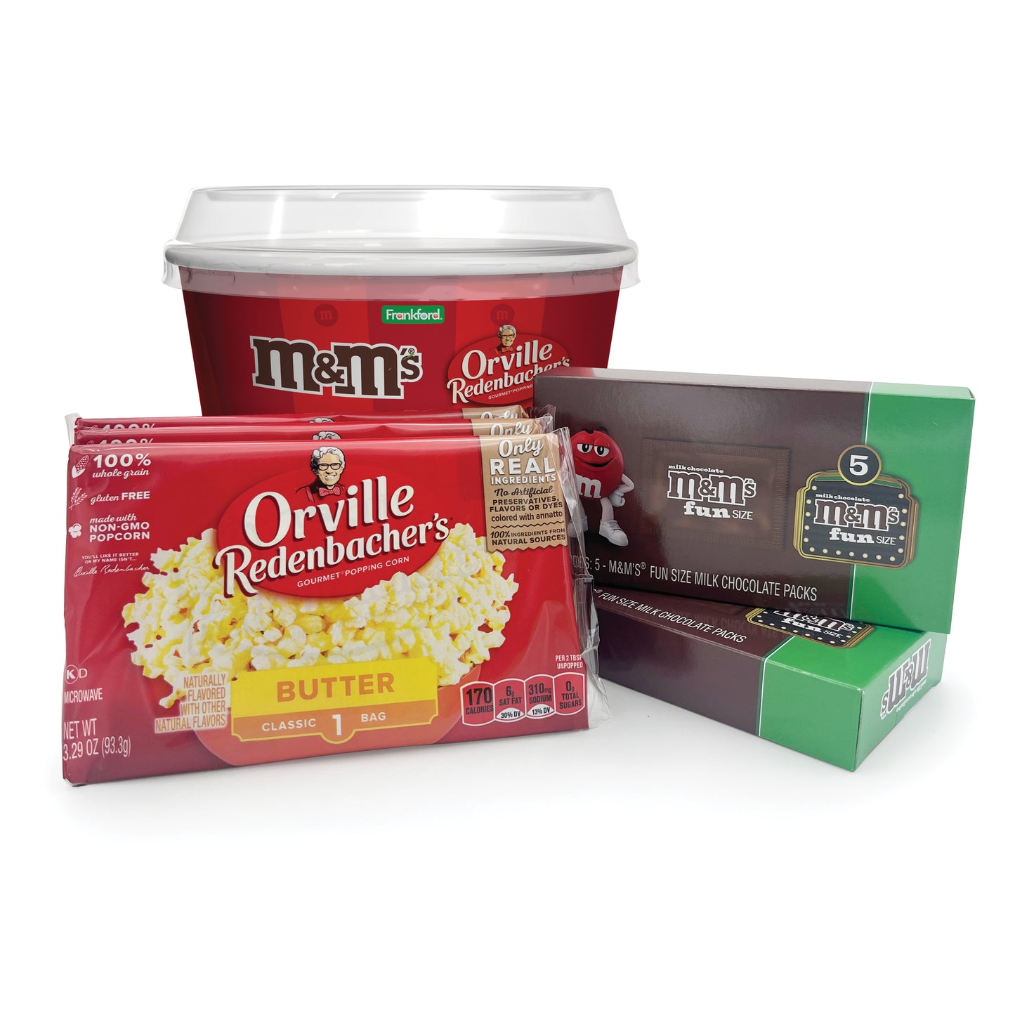 Orville Redenbacher popcorn bucket and M&M's products on a white background