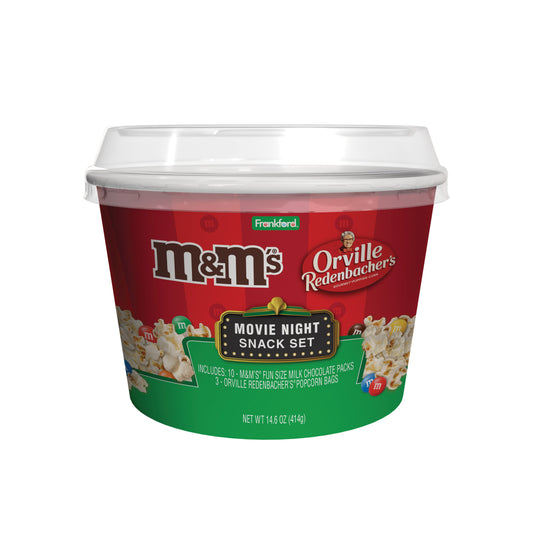 M&M's and Orville Redenbacher's movie night snack set packaging on a white background