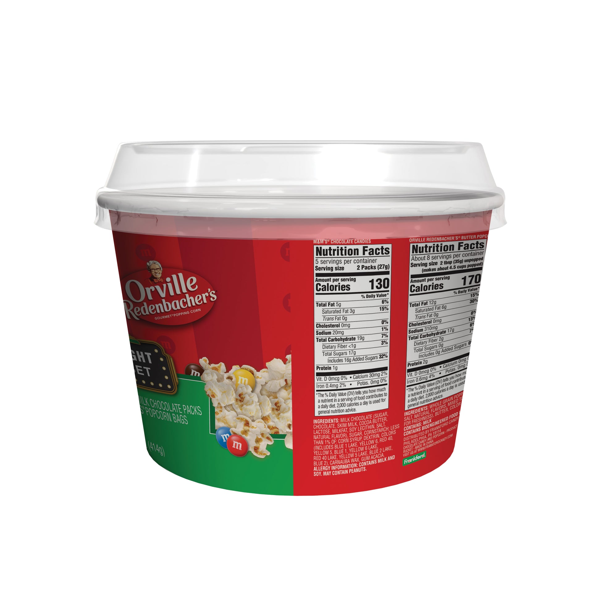 Orville Redenbacher's popcorn bucket with M&M's logo on a white background