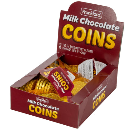 angled view of brown box of milk chocolate gold coins with 12 pouches on white background