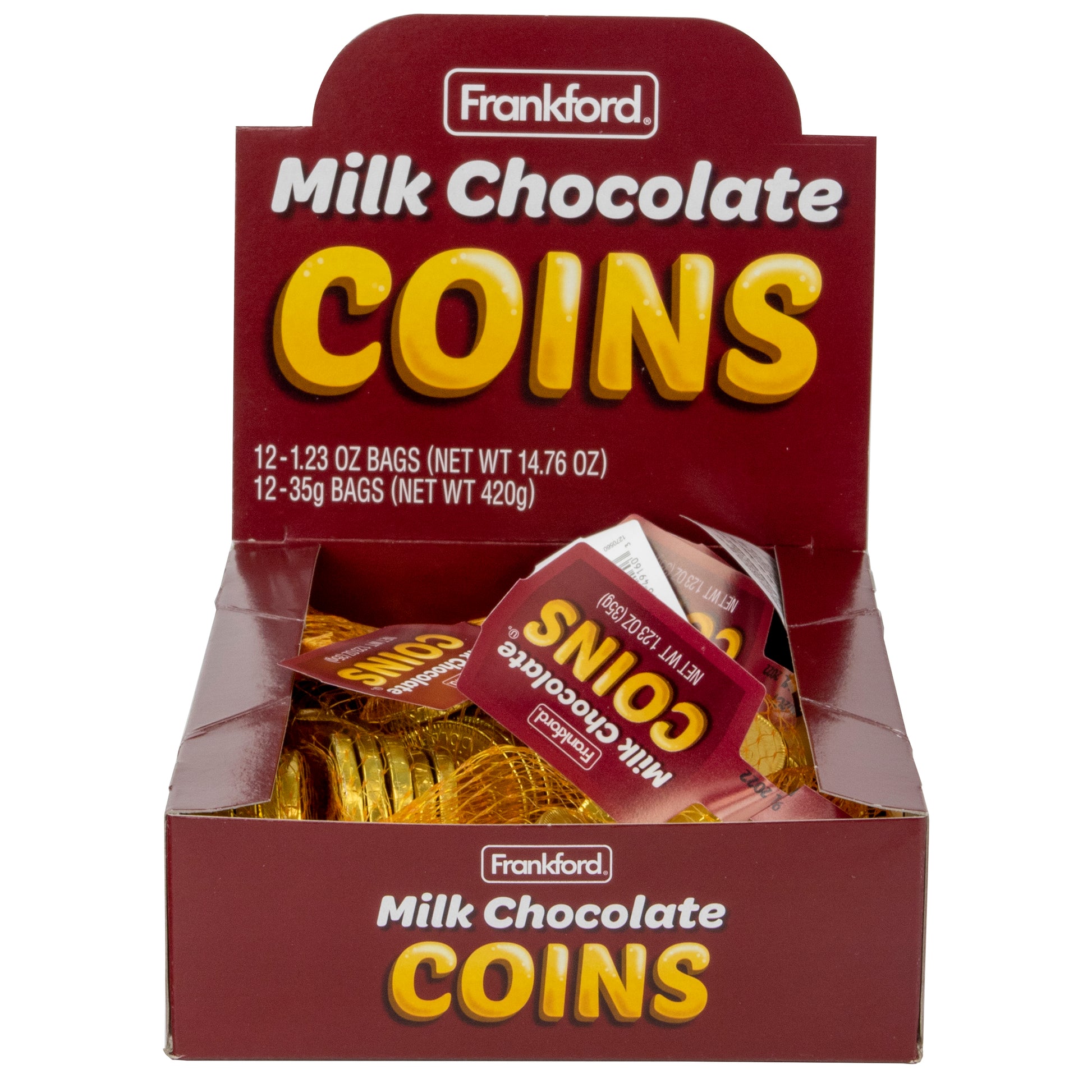 brown box of milk chocolate gold coins with 12 pouches on white background