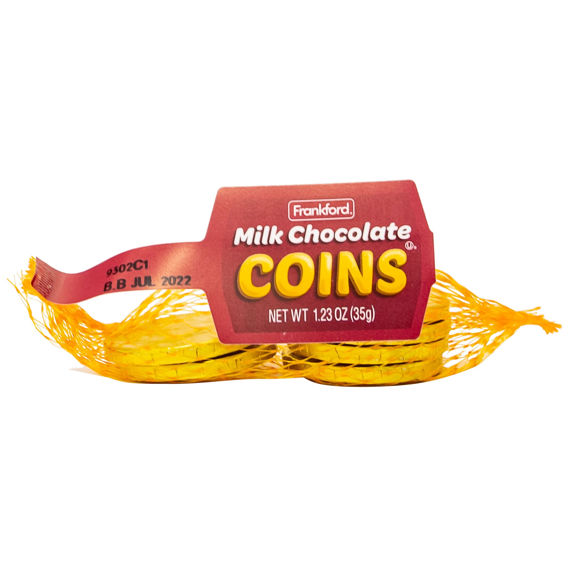 milk chocolate money coins in a pouch on white background