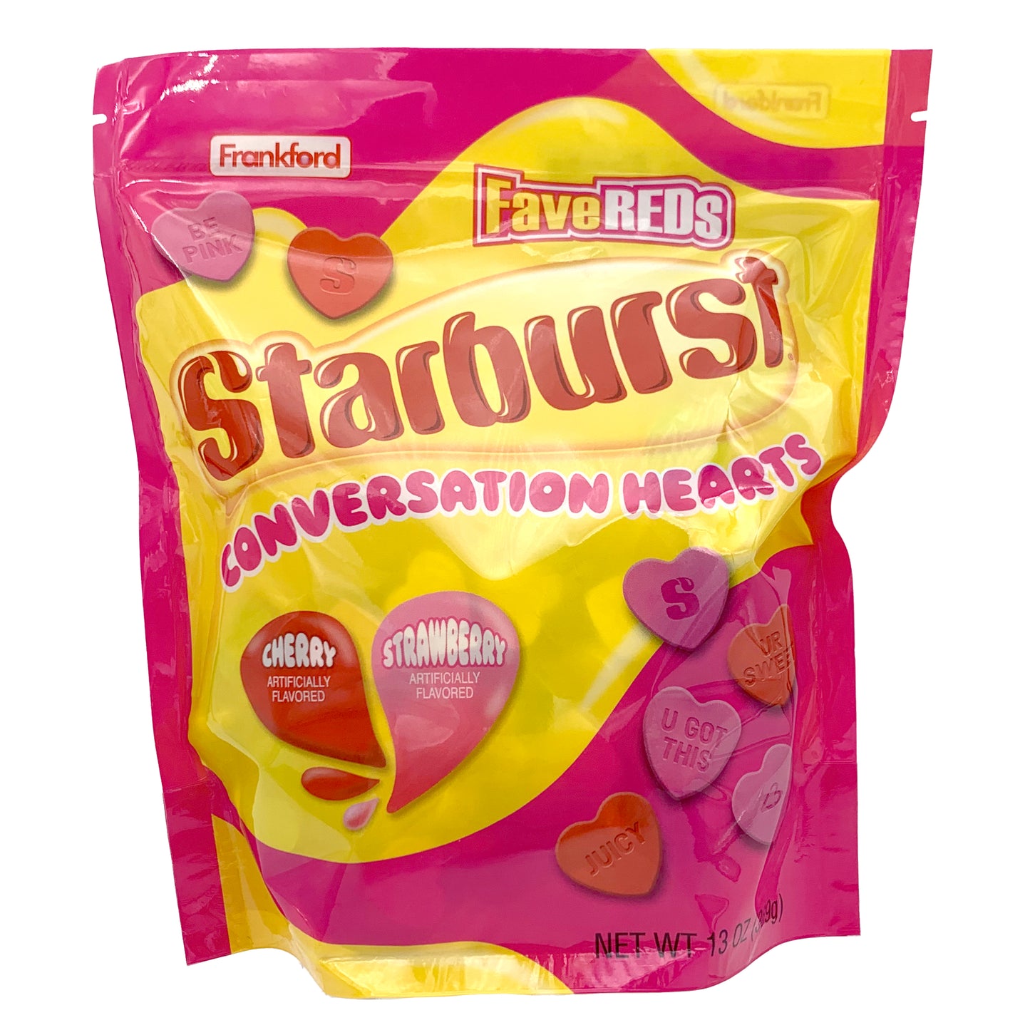 yellow and pink bag of starburst heart shaped hard candy