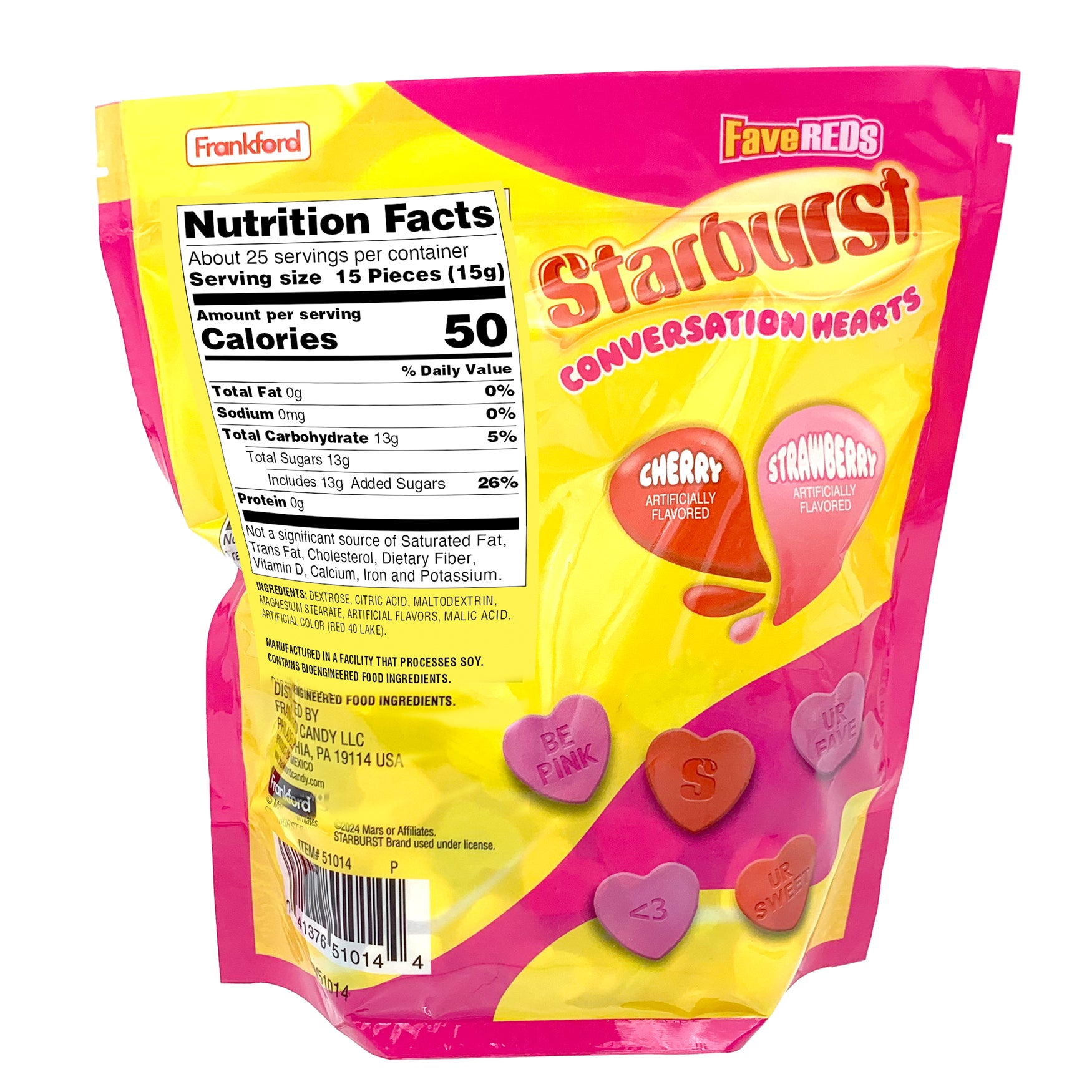 back of yellow and pink bag of starburst heart shaped hard candy with nutrition label