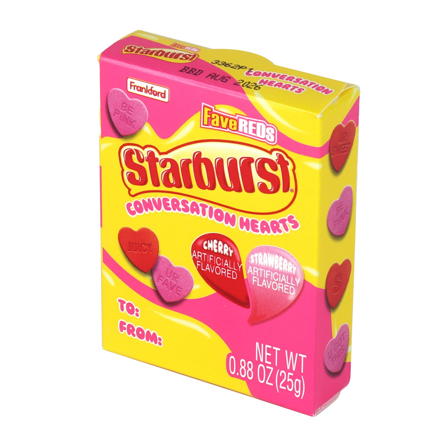 Starbursts conversation heart box front angled to the right 