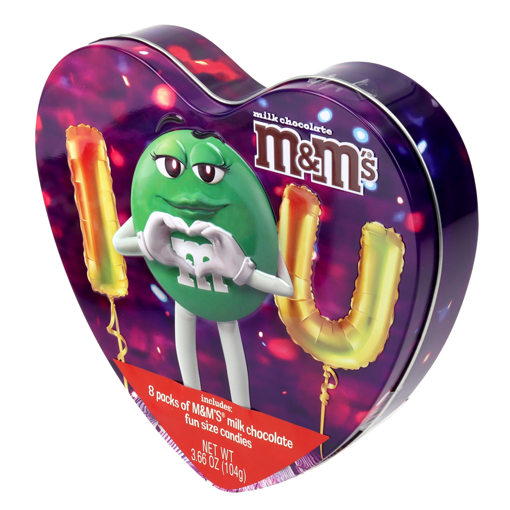 heart shaped tin with a green M&M character on the front with balloons that spell out I <3 U