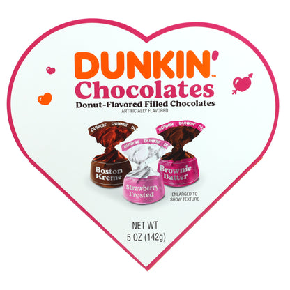 Pink outlined white heart box with pictures of Dunkin' chocolates on the front