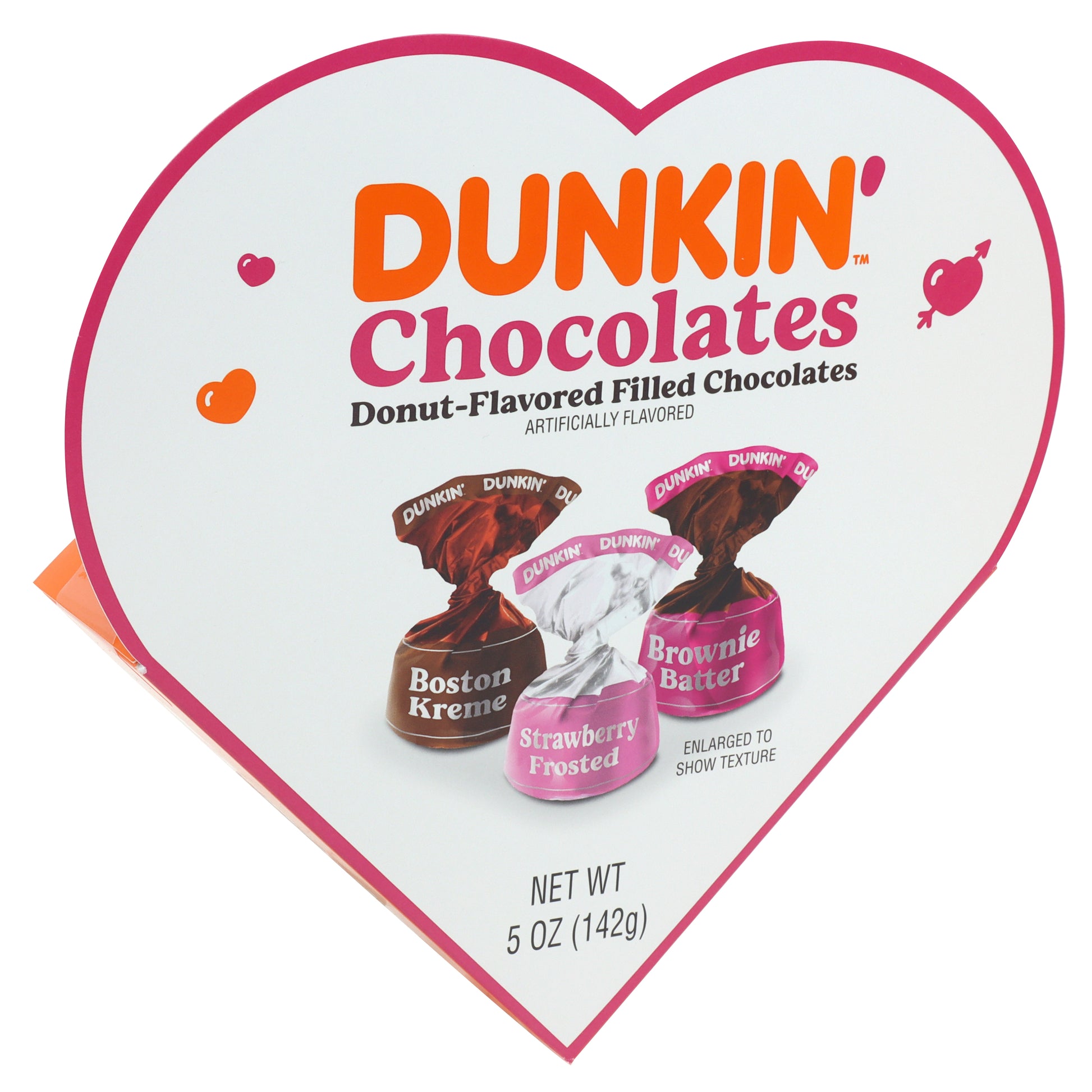 Pink outlined white heart box with pictures of Dunkin' chocolates on the front
