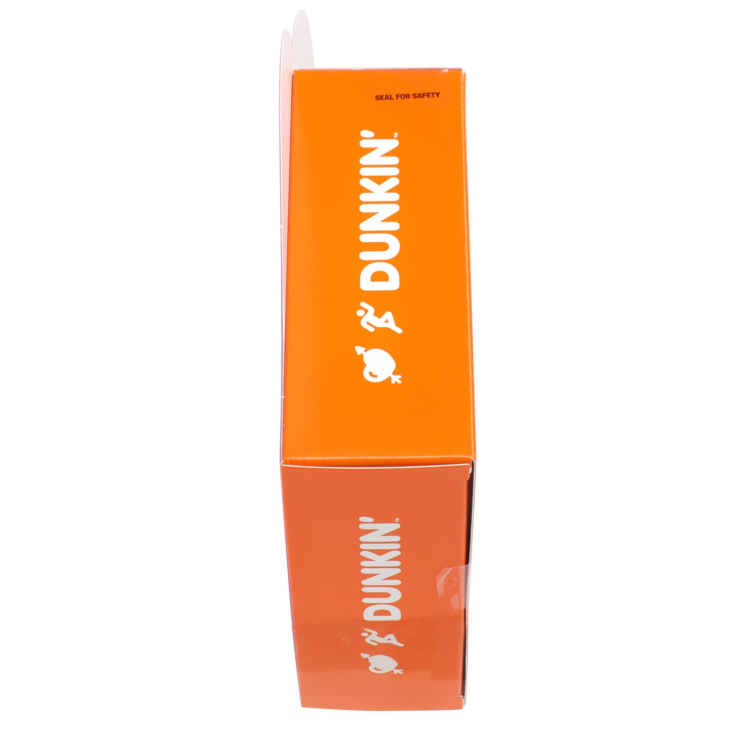 side view of an orange box with dunkin written on the sides