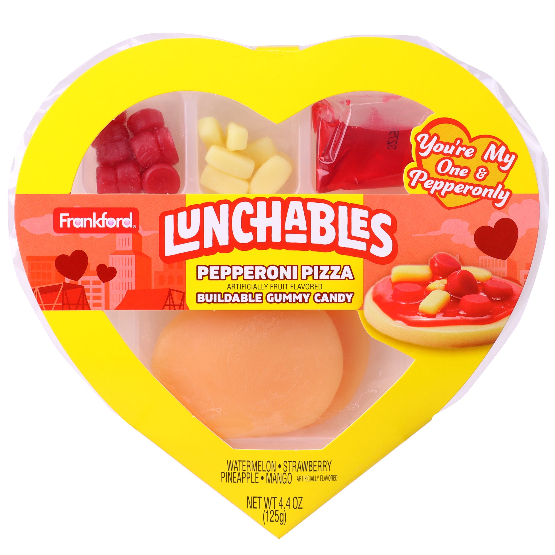 Yellow heart shaped box with gummy pizza bases and toppings