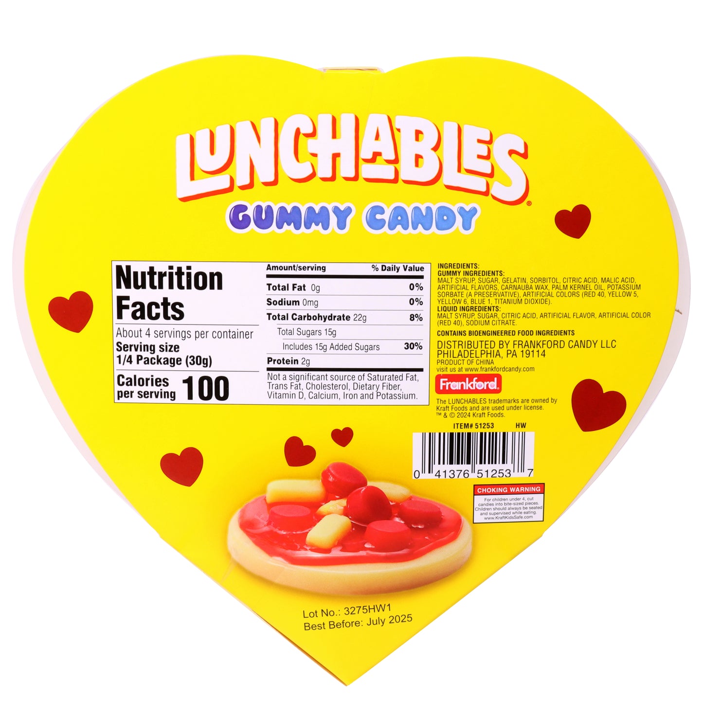 Back of a yellow heart shaped box of pizza gummy candy with nutrition label