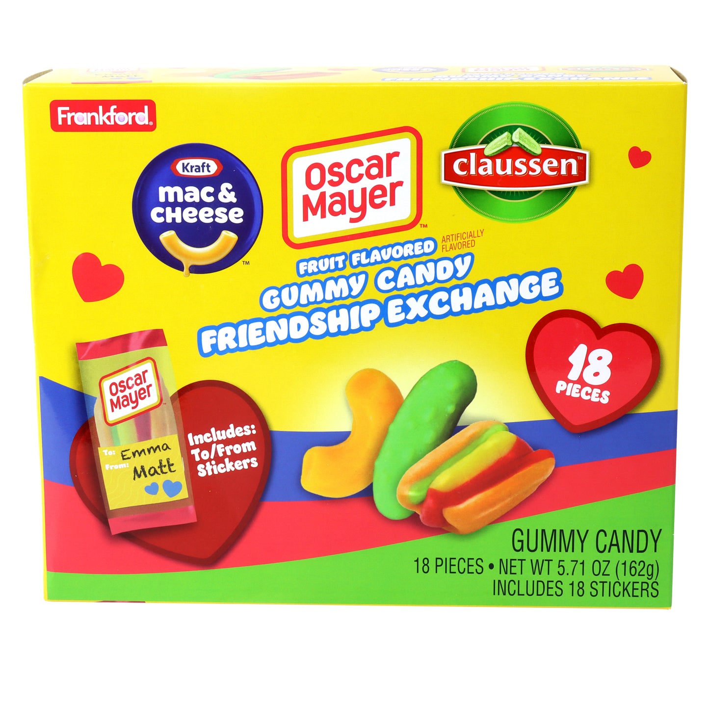 yellow box of gummy candy friendship exchange with hot dog, pickle, and mac and cheese gummies pictured