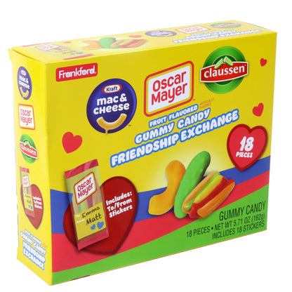 left side angle view of yellow box of gummy candy friendship exchange with hot dog, pickle, and mac and cheese gummies pictured