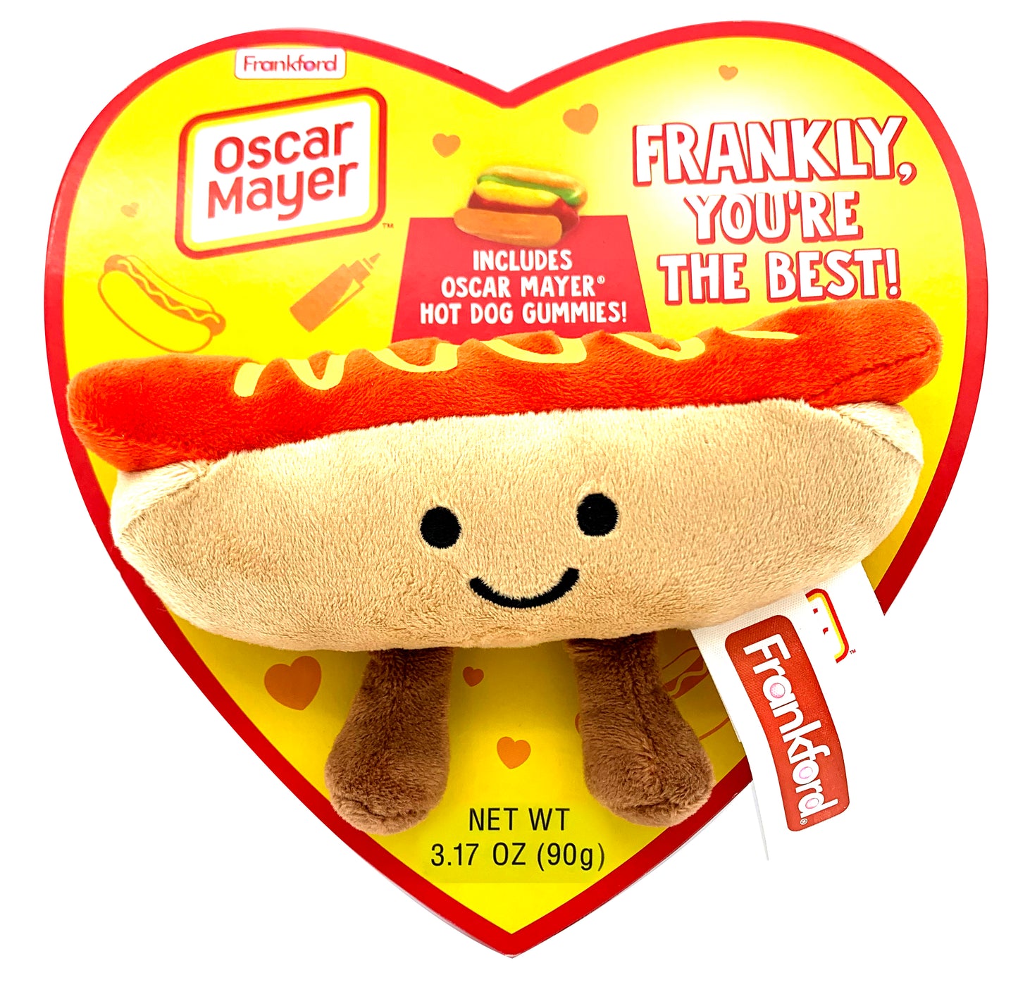 yellow heart shaped box with red border and a hot dog plush on the front