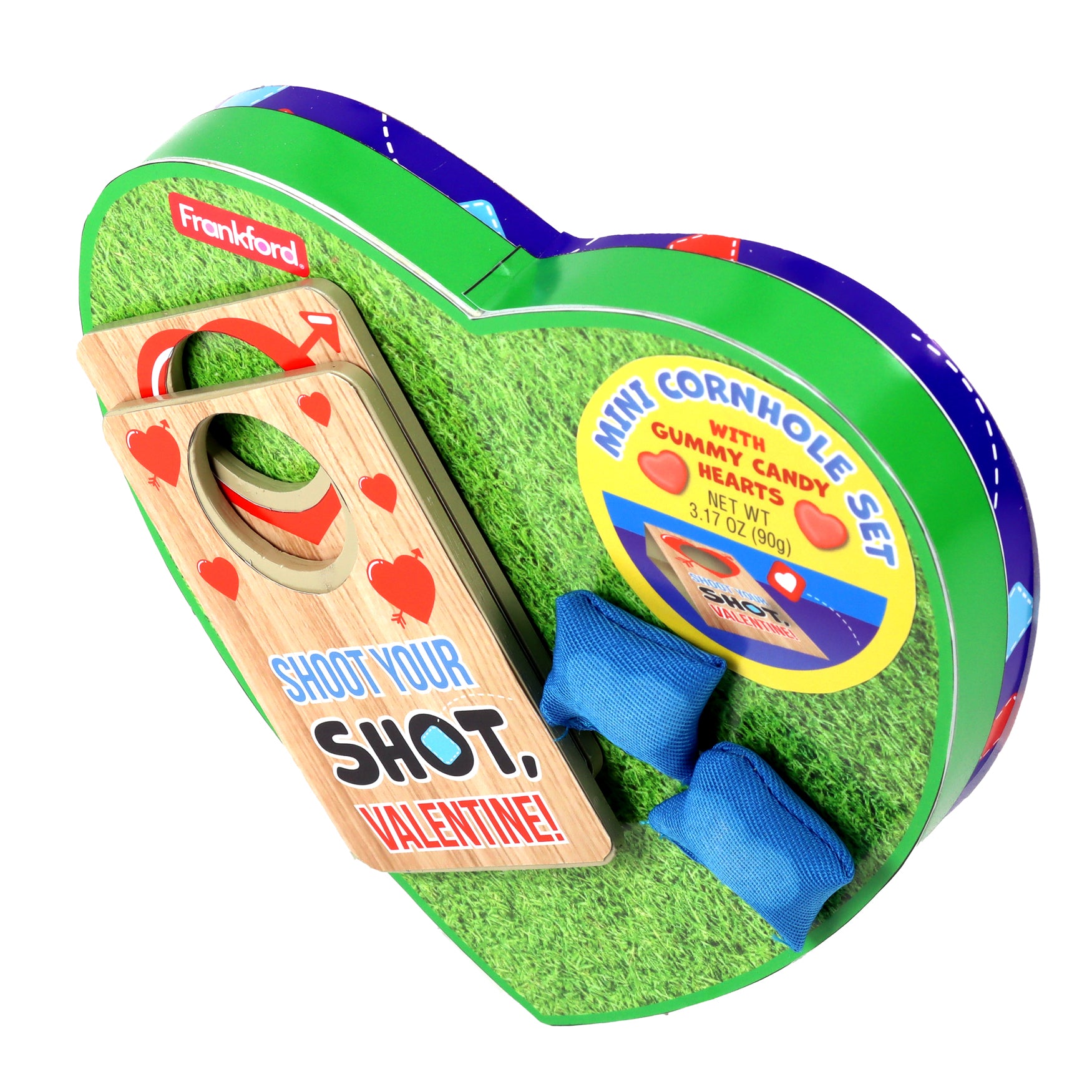 Top right view of a green heart shaped box with a mini corn hole set on the front