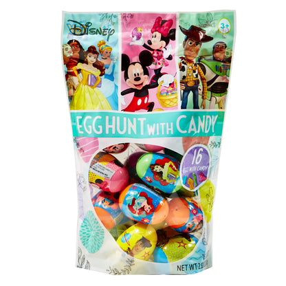 colorful bag with various disney characters and colored plastic eggs with disney character wrapping