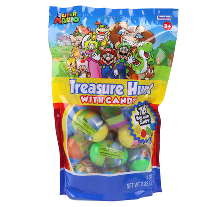colorful bag with mario characters filled with plastic eggs filled with gummy candy