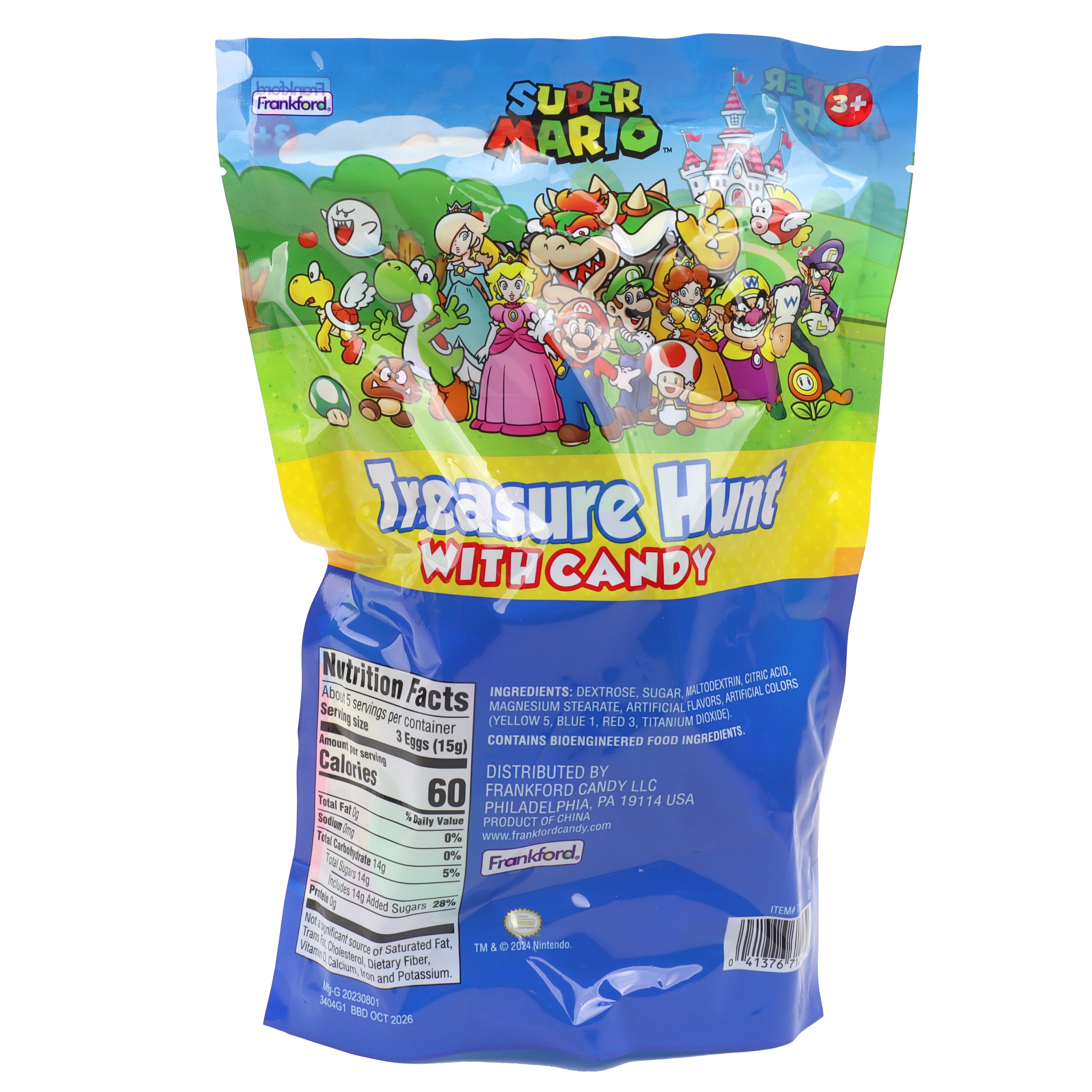 colorful bag with mario characters filled with plastic eggs filled with gummy candy and nutrition label