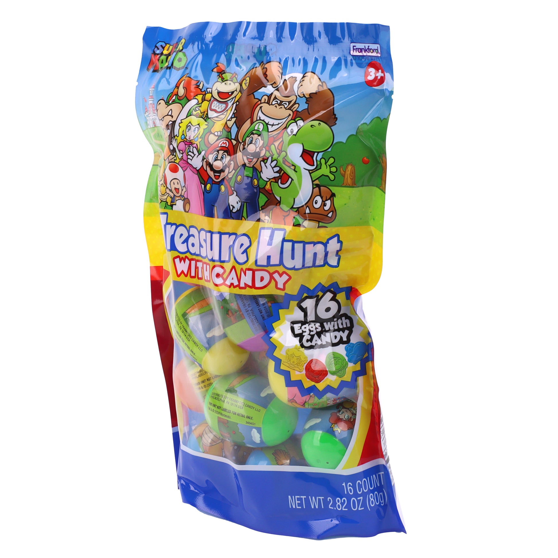 colorful bag with mario characters filled with plastic eggs filled with gummy candy