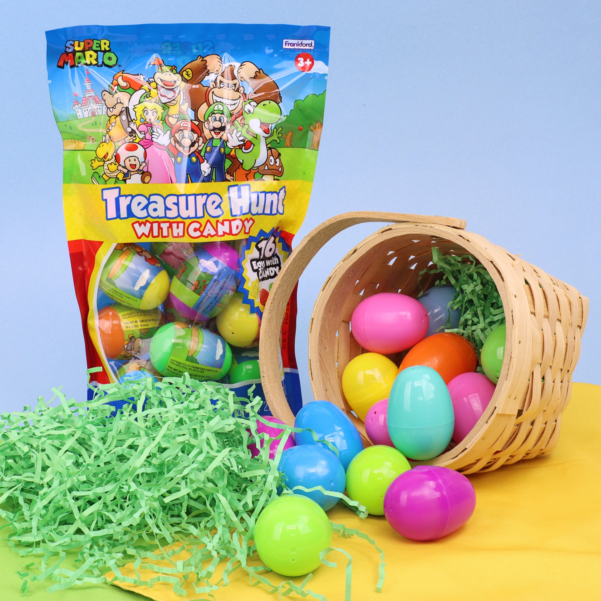 colorful bag with mario characters filled with plastic eggs filled with gummy candy and a basket of colorful plastic eggs