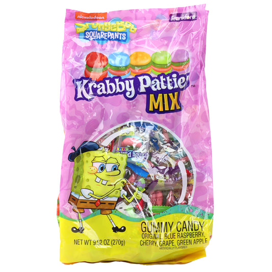 pink and yellow bag filled with colorful krabby patties