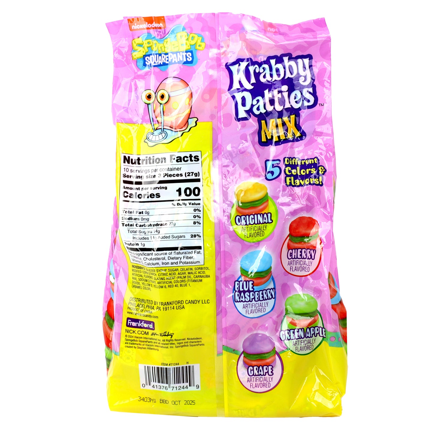 back ofpink and yellow bag filled with colorful krabby patties and nutrition label